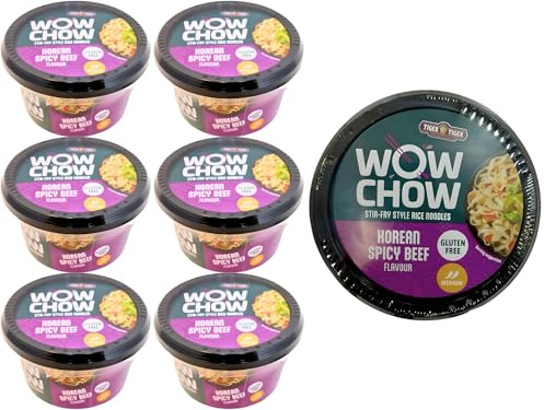 Tiger Tiger WOW CHOW Korean Spicy Beef Noodles Pot 76g x6 – Stir Fry Style Rice Noodle Pots, Gluten Free Instant Noodles Cup, Spicy Instant Meals Multipack