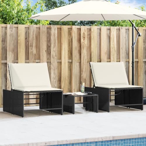 Zentexion Modulare Sonnenliegen 2 STK mit Tisch Schwarz Poly Rattan wetterfest verstellbar klappbar Gartenmöbel Relaxliege für Terrasse Balkon Pool mit Abnehmbarer Auflage und Kopfstütze