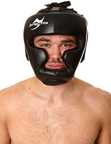 Ju-Sports Kopfschutz Chin - schwarz, Leder I Kinn-, Ohren- & Jochbeinschutz optimal Für Boxen, Kickboxen, Thai Boxen und andere Kampfsportarten I Größe XL