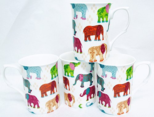 Elephants Mugs Set of 4 Fine Bone China Patched Multicolour Elephants Chintz Mugs Hand Decorated in UK