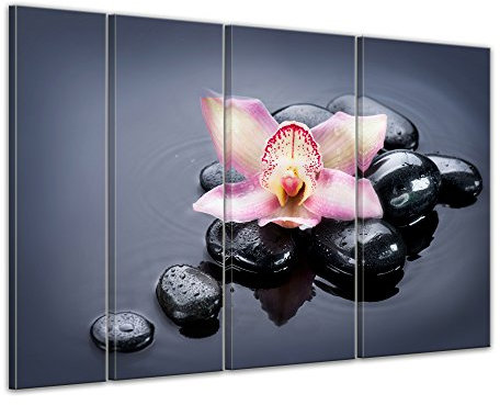 Keilrahmenbild Zen Steine XXII - 180x120 cm quer mehrteilig Bilder als Leinwanddruck Fotoleinwand Geist & Seele - Wasser - Blüte mit Kieselsteinen