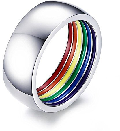 PJ JEWELLERY Normaler Edelstahl 8 mm Breite Polierter gewölbter Regenbogenstreifen-LGBT-Ring, Gay Pride Eheringe Bänder für Männer, klassischer Tagesring, Größe 54 (17.2), Silber