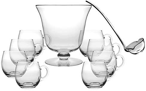 Barski Glass 10 Piece Punch Bowl Set - Includes - 1 Punch Bowl - 1 Ladle - 8 Punch Cups - By - Punch Bowl is 10.25 D - 210 oz - Ladle is 14 L - Punch Cup is 12 oz. - Made in Europe