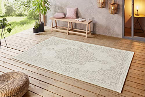 NORTHRUGS In- und Outdoor Teppich 120x170cm - Wetterfest Orientalisch Vintage-Design mit Medallion Läufer Terrassenteppich Balkonteppich Küchenläufer Badteppich Wohnzimmerteppich Wasserfest in Beige