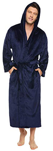 Vlazom Vestaglia Uomo Invernale Pile,Vestaglia Lunga Uomo Invernale con Cappuccio Vestaglia da Notte Uomo In Morbido Pile,M,B-Blu Navy