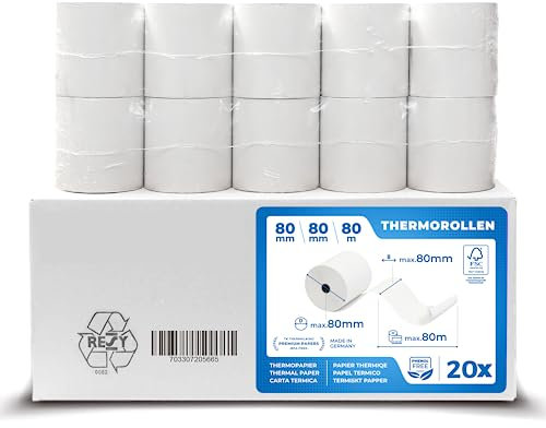 Rouleaux thermiques 80 mm x 80 mm x 12 mm – Papier thermique (80 80 12) 48 g – Certifié pour imprimante de caisse comme Epson, IBM, Metapace, etc. – Premium sans BPA
