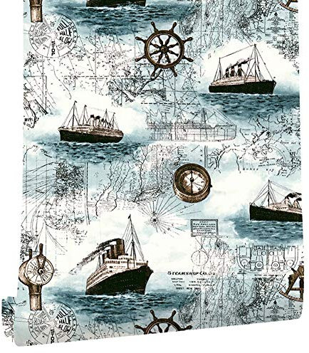 Self Adhesive Contact Paper,Nautical Sailing Boat Pattern Peel & Stick Wallpaper for Walls Bathroom Bedroom Home Decor 0.45X6M,1PCS
