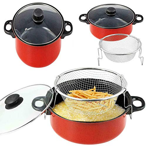 23CM Non Stick CHIP PAN Set Fryer DEEP Fat Frying Basket Pot with Glass LID