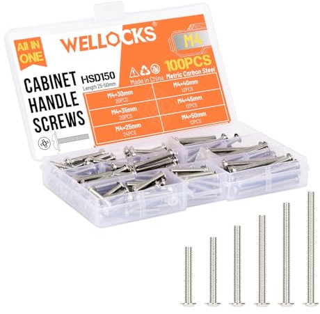 WELLOCKS Cabinet Handle Screws | M4 25-50mm Machine Screws Assortment | Pan Washer Head Metal Phillips Screws Kit | for Cabinet Drawer Cupboard Closet Pulls Knobs (D150) | Silver | 100 PCS