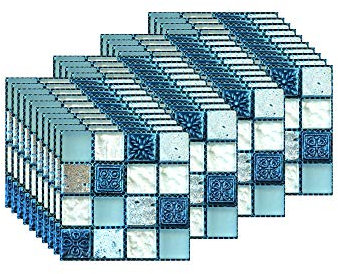 FBBULES 40PCS Adesivi per Piastrelle, Mosaico Piastrelle Adesivi Parete PVC Autoadesivo Impermeabile Sticker Piastrelle Backsplash per Cucina Bagno, Blu (10x10 Cm / 4x4 Pollici)