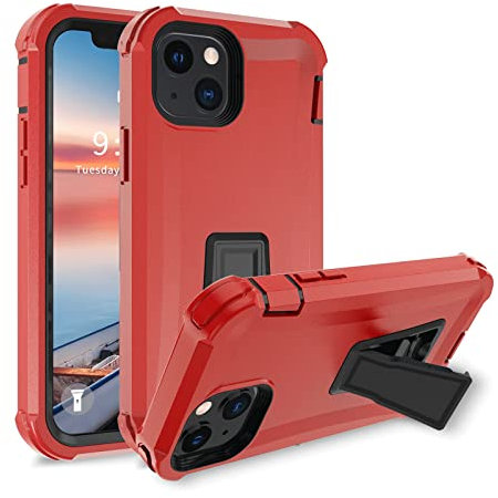 UNITEDTIME Case Compatible with iPhone 13 Mini &12mini, Drop Protection Rugged Shockproof Military Protective Tough Durable Phone Cover Heavy Duty with Build in Kickstand(Horizontal Only) (Red)