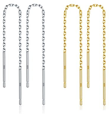 Threader Ohrringe für Frauen S925 Sterling Silber 2 Paare Gold Kette Ohrringe Threader Dangle Drop Ohrringe Weihnachten Schmuck (2.4inch)