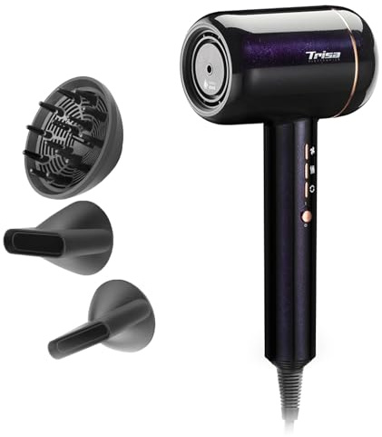 Trisa Ionen Föhn Haartrockner 18L/s, Bürstenloser Motor, 3 Düsen, Schwarz | Bürstenloser Motor, Nano-Wasserionen, PID-Temperaturkontrolle 100x/Sek, NTC-Hitzeschutz; Auto-Modus, 3 Magnetdüsen inkl.