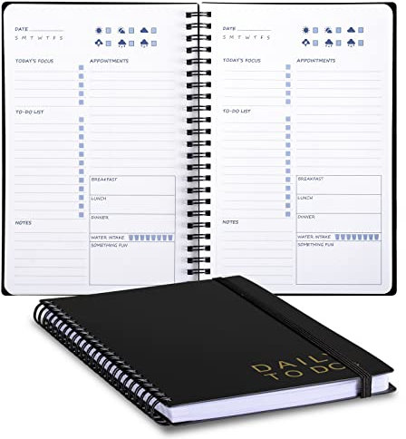 Tagesplaner Undatiert: 14,5 x 21,6 cm, Tagesplaner für To-Do-Liste, Tages-Tagebuch mit Innentasche, Mahlzeitenplaner, Büroorganisation, Unisex-Planer, Schwarz