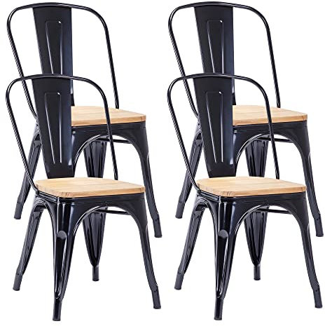 Duhome Metallstuhl Bistrostuhl 4er Set aus Eisen Esszimmerstuhl mit Rückenlehne, Stapelbare Küchenstühle, Schwarz+Naturholz