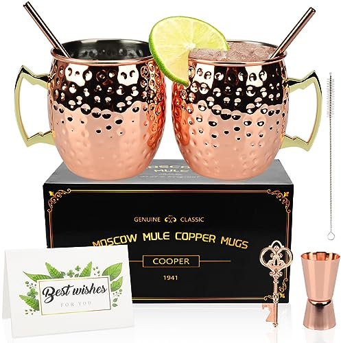 SIMSPEAR Verre Moscow Mule,2 Moscow Mule Tasses Cuivre avec 2 Mugs, 1 Verre Doseur, Verre Cocktail pour Déguster Cocktails, Boissons Froide, Bière, Vodka(18 OZ)