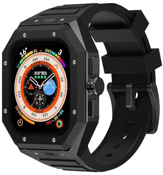 Enze - Funda de Acero Inoxidable Compatible con Apple Watch Series 7 de 45 mm 6/5/4 iWatch SE de 44 mm Resistente Funda Protectora a Prueba de Caídas con Correa Deportiva de Silicona