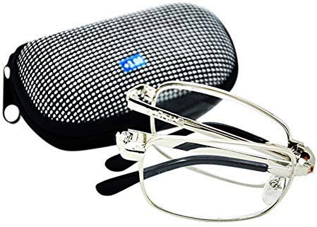 Fads & Fashions Silver Folding Metal Alloy Reading Glasses Case & Belt Strap Z006 (Silver Frame, 3.75)