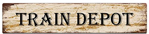 snowsun Metallschild Train Depot Vintage, Retro-Blechschilder, Aluminiumschild für Küche, Haus, Garten, Wand, Bar, Café, Dekoration, 10,2 x 40,6 cm
