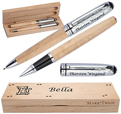 Mark Twain Schreibset aus Holz mit Box | Holzkorpus Drehkugelschreiber und Rollerball aus Metall mit Gravur | Großraummine blau schreibend | Box mit Wunschgravur | (Katze)