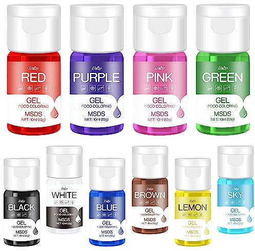 Gel Food Colouring - 10 Vivid Colours Gel Food Colouring Set for Baking, Cake Decorating, Cookie, Fondant, Macaron - Tasteless Concentrated Edible Food Colour Dye for Icing, Drinks, Crafts - 10ml Each