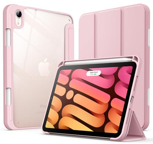 JETech Custodia per iPad mini (A17 Pro, Modello 2024, 7a Generazione) / mini 6 (Modello 2021, 6a Generazione) con Portapenne, Posteriore Chiaro Supporto Cover Sottile per Tablet Antiurto (Rosa)