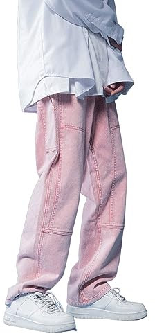 Jeans da uomo, pantaloni cargo hip hop, jeans a gamba larga, jeans y2k, jeans anni '90, primavera, vecchi lavaggi, pantaloni da lavoro, streetwear jeans da uomo, M rosa., L
