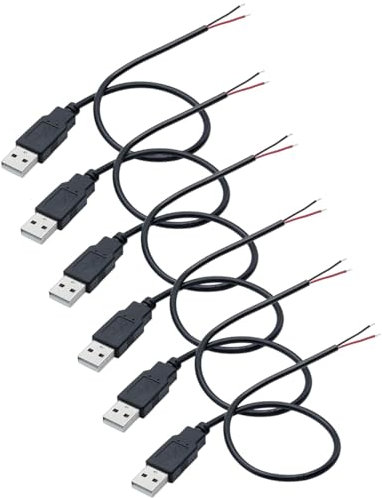Greluma 6 Pz Pigtail USB 22 AWG, cavo USB 2.0 a 2 fili, estremità aperta a 2 pin con filo nudo, cavo USB maschio da 0,3 metri, cavo di alimentazione con presa USB 12V 3A