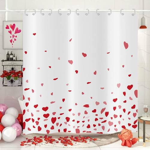 Hnmdmyi Rideau de Douche Saint-Valentin 180x200, Aquarelle Chute Rouge Amour Coeur Rideau de Bain Imperméable Tissu Polyester Lavable Rideau de Bain avec Crochets