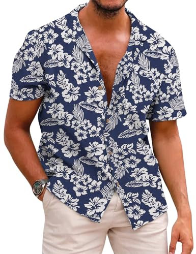 COOFANDY Mens Hawaiian Shirts Short Sleeve Summer Casual Holiday Floral Tropical Shirt Button Down Beach Tops Dark Blue L