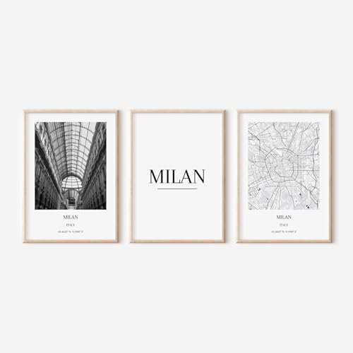 ZoeyAustin® 3er Poster Set, City Poster, Stadt Poster DIN A3 (30cm x 42cm), Minamalist Modern Wanddeko, Wohnzimmer Schlafzimmer Deko, Schwarz-Weiß (Milan)