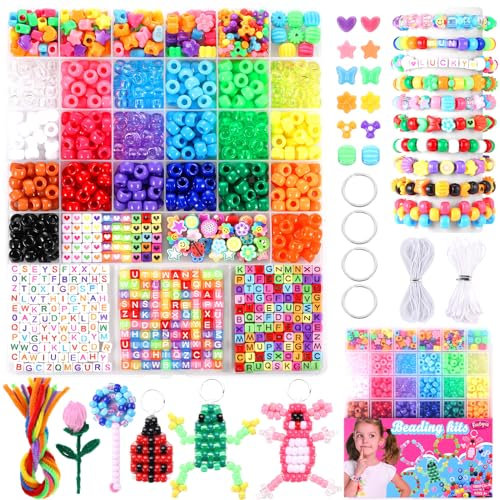 Funtopia Pony Perlen für Kinder Mädchen, 1000+ Stück 20 Farben Perlen zum Auffädeln, Perlen Set mit Pfeifenreiniger Buchstabenperlen für Armbänder Schmuck Basteln (6x9 mm)