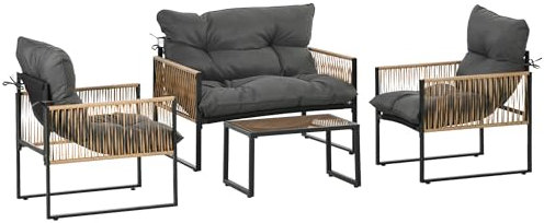 Outsunny 4 TLG. Rattan Gartenmöbel-Set, Sitzgruppe mit Kissen, Gartengarnitur mit 1 Couchtisch aus Glas, 2 Sesseln, 1 Doppelsofa, Sitzgarnitur für Garten, Terrasse, Stahl, Braun