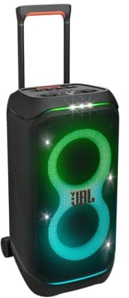 JBL Partybox Stage 320 in Schwarz – Tragbare Bluetooth-Lautsprecher-Box mit JBL Pro Sound, Lichtshow, KI-Sound-Boost, Rollen und Teleskopgriff – 18 h Laufzeit