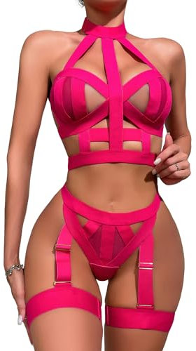 Aranmei Ensembles de Lingerie Sexy pour Femmes 4 Pièces Ensembles de Lingerie Évidés Licou avec Porte-Jarretelles Ensembles de Soutien-Gorge et de Culottes avec Poignets de Cuisse Rose Rouge M