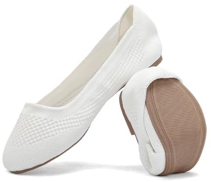 Jifenkla Ballerinas Damen Flache Atmungsaktive Schuhe Knit Kleid Runde Zehe Loafer Slip On Walking Ballerina Sommerschuhe Niedriger Weich, Weiß, EU 36