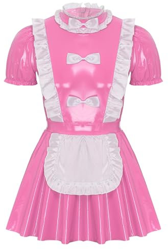 Fldy Herren Dienstmädchen Kostüm Kleid Lackleder Wetlook Unterwäsche Maid Cosplay Männer Junggesellenabschied Kostüm Party Clubwear Rosa_A XXL