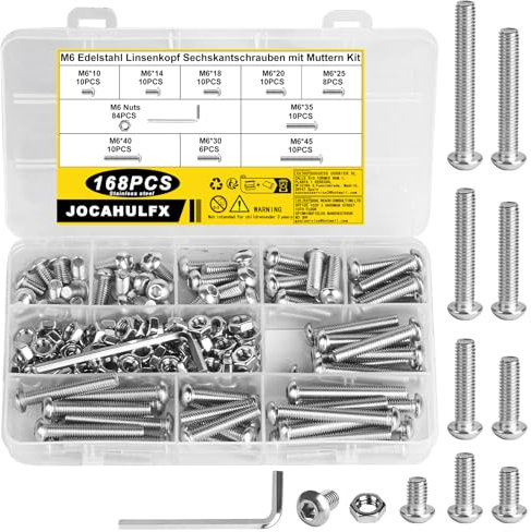 168 Pz M6 Viti Bulloni e Dadi Set, Viti Bulloni e Dadi a Testa Esagonale Kit, Vite a Brugola, Set Viti e Dadi a Cilindrica con Esagono Incassato, Vite Testa Bottone Brugola (M6 X 168PCS)
