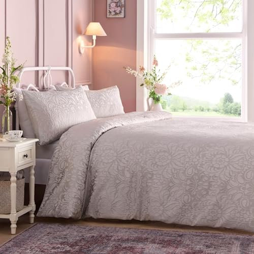 Appletree - Pink Silver Jacquard Duvet Cover Set - King Size (230 x 220cm) - Blush Silver Traditional Damask Jacquard Bedding - Beige Pink Duvet Cover - Luxury Bedding - Worcester Collection