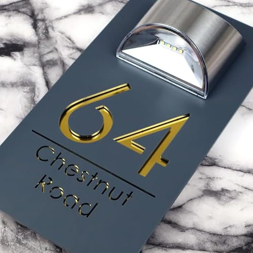 Lampes solaires personnalisées Plaque de porte moderne Panneau de numéro de maison solaire et adresse de rue Lumières murales extérieures (gris + or)