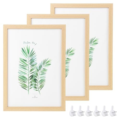  A4 Certificate Picture Frame 3 Pack A4 Solid Wood Picture Frames OAK Wood Photo Frame with Plexi Glass for Table Top & Wall Mounting Picture Frame Set (23x32 cm) (Wood color)