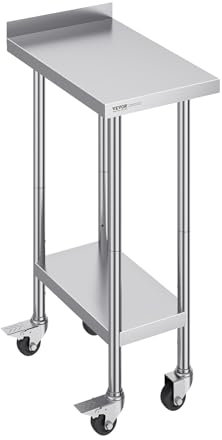 VEVOR Tavolo da Lavoro in Acciaio Inossidabile 610 x 381 x 1005 mm, con 4 Ruote, 3 Livelli di Altezza Regolabili, Tavolo Resistente per Preparazione Alimenti Ristoranti Cucina Commerciale, Argento