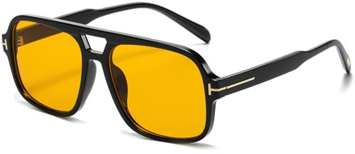 RUNHUIS Retro 70er Jahre Rechteckige Sonnenbrille für Damen Herren Vintage Überdimensionale Ovale Brillen UV400 Schutz Schwarz/Orange