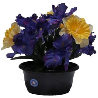 Artificielles.com - Flores artificiales cementerio mini jardinera ovalada iris y narcisos H31 cm L34 cm Púrpura crema - color: Púrpura crema