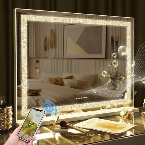 FENCHILIN Bluetooth Hollywood Spiegel 80x60 cm Schminkspiegel mit Beleuchtung Crushed Diamant Kristall Schminkspiegel mit Lautsprecher Groß LED Spiegel 3 Dimmbare Lichtlfarben USB Port Weiß