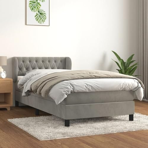 IKAYAA Boxspringbett 90 x 190 cm Mit Matratze - Samt Polsterbett, Chesterfield Steppung, Bettgestell Komplett, Hellgrau Type-27