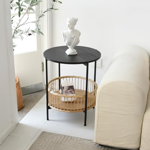 FAME HOME Coffee Table for Living Room, 2 Tier Round Wooden Rattan Coffee End Side Tables, Living Room Table with Metal Frame for Bedroom Office, Natural Modern Table (Schwarz)