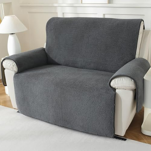 Royhom Dicker Lammfellbezug Sofa Überzug 2 Sitzer, Sofaschoner rutschfest für Leder-Couch, Waschbar, Superweicher Sofabezug, Dunkelgrau Couch Überzug für Kinder und Haustiere (Dunkelgrau, 2 Sitzer)