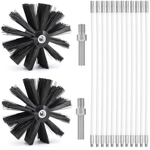Spazzole per Camino, Kit Spazzacamino per Stufa a Pellet, Kit di Pennello per Pulizia del Camino, Kit Pulizia Canna Fumaria Pellet (12 Aste in Nylon Da 41cm+2 Testine Di Spazzole Camino Da 15cm)