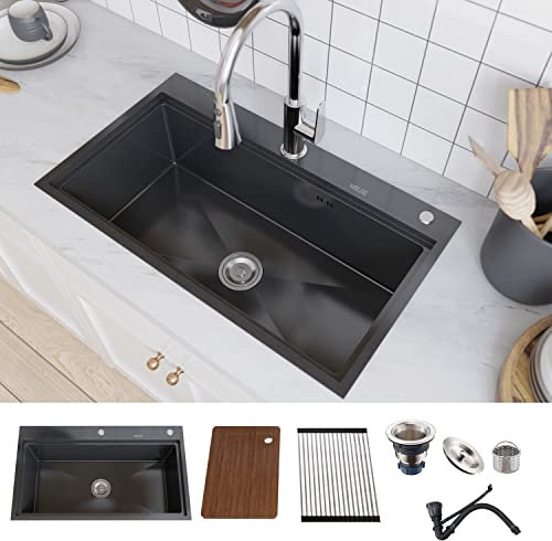 MEJE 80x46cm Drop-in Large Single Bowl 11 Gauge 304 Stainless Steel Workstation Kitchen Sink with Accessories Black